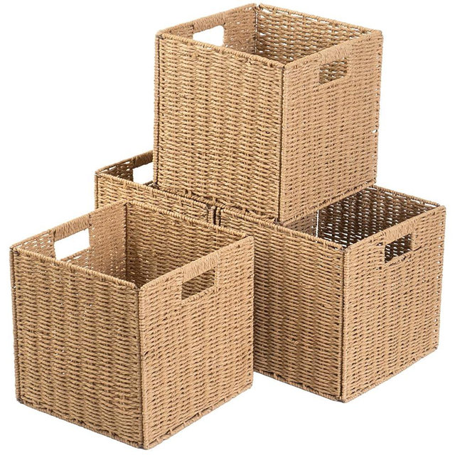 CYMFBSFBU Foldable Storage Cube Bins Set of 4, Paper Woven Square Baskets, Natural, 11" x 11" x 11"