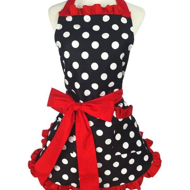 Floosum Lovely Cute Red Retro Ruffle Side Sexy Cute Lady's Kitchen Cooking Apron with Pocket Gift for Women Girls Chef Housewarming