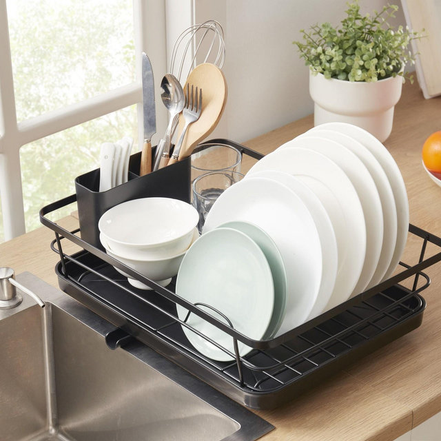 3-Piece Multi-Functional Dish Drying Rack with Drain Board & Utensil Holder - Black