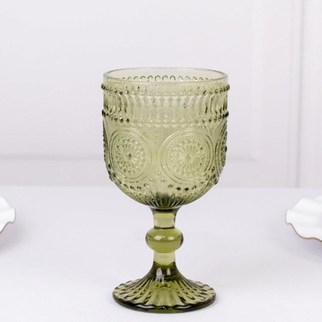 Efavormart Vintage Embossed Wine Glasses Goblets, Short Stemmed Cocktail Drinking Glasses with Textured Floral Pattern - Dusty Sage Green, 12oz, 6-Pack