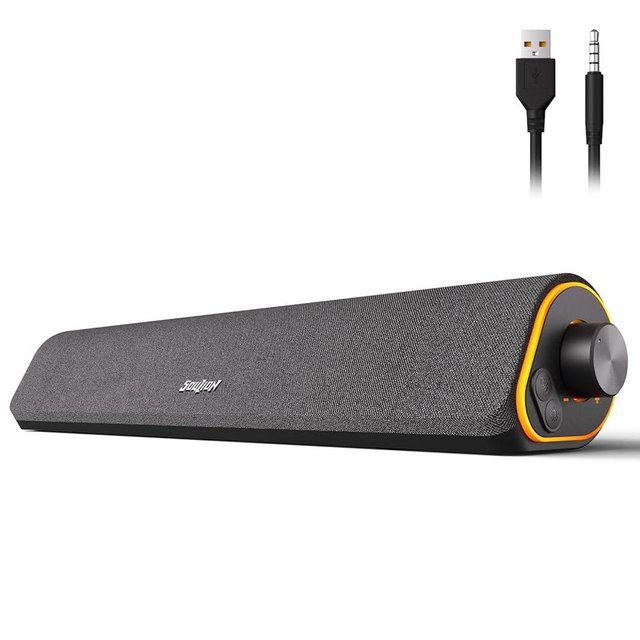 SOULION R50 Bluetooth Computer Speakers, 3.5mm PC Sound Bar for Desktop Monitor, Wired USB Powered & Colorful LED Lights with Switch Button, Surround Sound Soundbar PC Spearkers for Computer