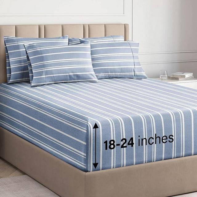 Extra Deep King Sheet Set - 6 Piece Breathable & Cooling Sheets - Hotel Luxury Bed Sheets Set - Easy Fit - Soft, Wrinkle Free & Comfy Sheets Set - Blue Striped Sheet Set w/Extra Deep Pockets