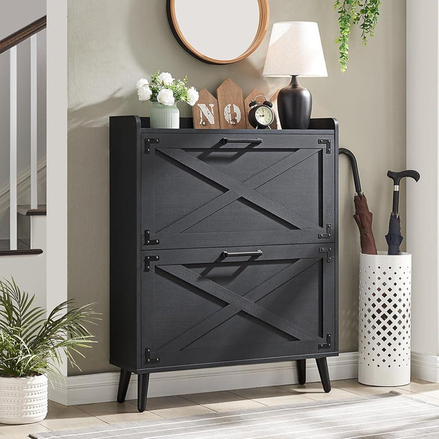 Barnyatoh Shoe Storage Cabinet, Farmhouse Shoe Organizer with 2 Flip Drawers & Barn Door Design, Freestanding Hidden Slim Narrow Shoe Rack Cabinet for Entryway, Foyer, Hallway, Black