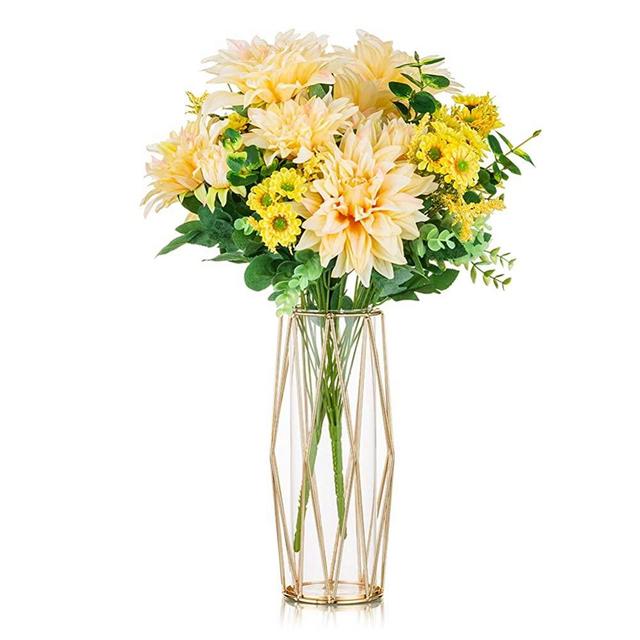 Glass Flower Vase with Geometric Metal Rack Stand, Crystal Clear Terrariums Planter, Bud Glass Vases for Flowers Hydroponics Plant, Centerpiece for Home Office Wedding, Gold, 10.6 Inches Height