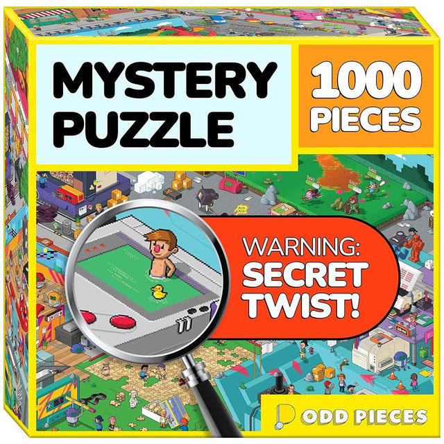 Odd Pieces Jigsaw Puzzles 1000 Pieces with Storytelling Comics, for Women, White Elephant, Mystery Puzzle for Adults & Kids - 19.7'' x 27.6'' Frameable Magic Puzzle Art (Glitch)