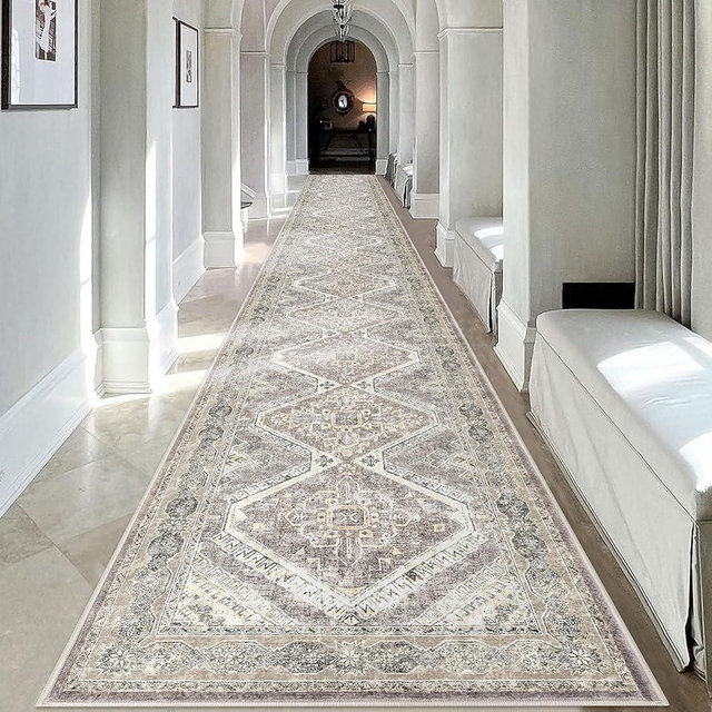 KUTA Extra Long Runner Rug for Hallway 2.6x18ft, Oriental Washable Kitchen Rugs, Ivory Grey Yellow Brown Non-Slip Stair Runners Indoor Soft Printed Vintage Carpet for Bedroom Living Room Nursery