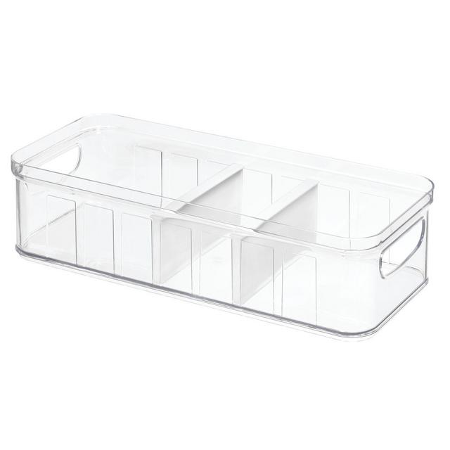 iDesign Stackable Refrigerator and Pantry Large Divided Bin, BPA Free Plastic, Clear and White