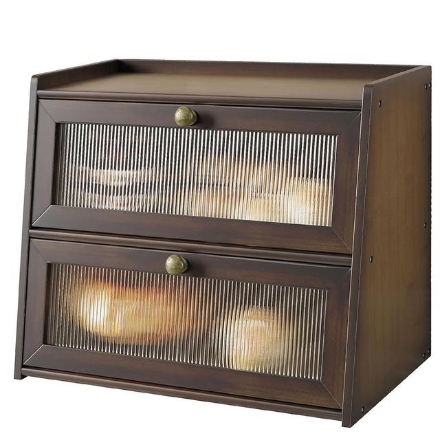 K KELBEL Double Layer Large Bamboo Bread Box for Kitchen Counter, Wooden Large Capacity Bread Storage Bin with Window Bread Holder (Brown)