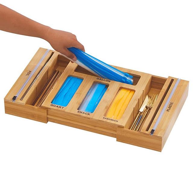 8 IN 1 Ziplock Bag Organizer Plastic Wrap Dispenser with Cutter for Kitchen Drawer Expandable Kitchen Drawer Holder Foil and Plastic Wrap Organize for Gallon,Quart,Sandwich,Snack Variety Size Bag