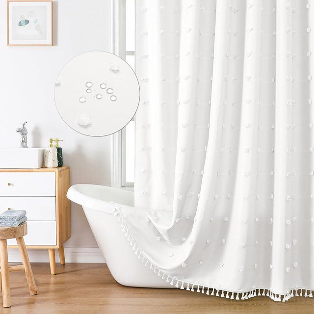 LilyCat Boho Farmhouse White Fabric Shower Curtain, 72x72 Tufted Pleat Floral Puffs Textured Tassel Cute Rustic Vintage Shower Curtain for Bathroom, Minimalist Cloth Shower Curtain Set with Hooks