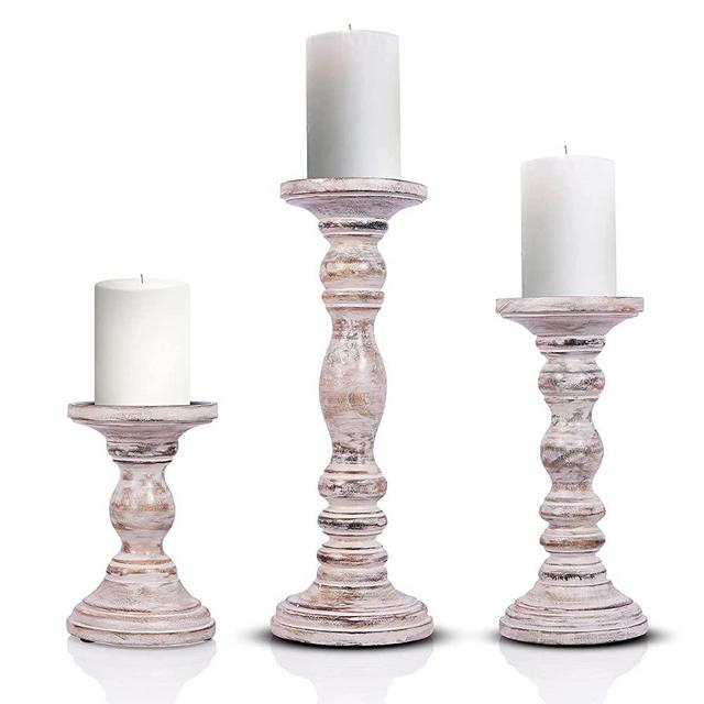 Rustic White Pillar Candle Holders- Hand Carved Mango Wood Candle Holders for Pillar Candles in Home, Living Room, Kitchen or Table Centerpiece Set of 3 Candlestick Holders- 6", 9", 12” for Home Decor