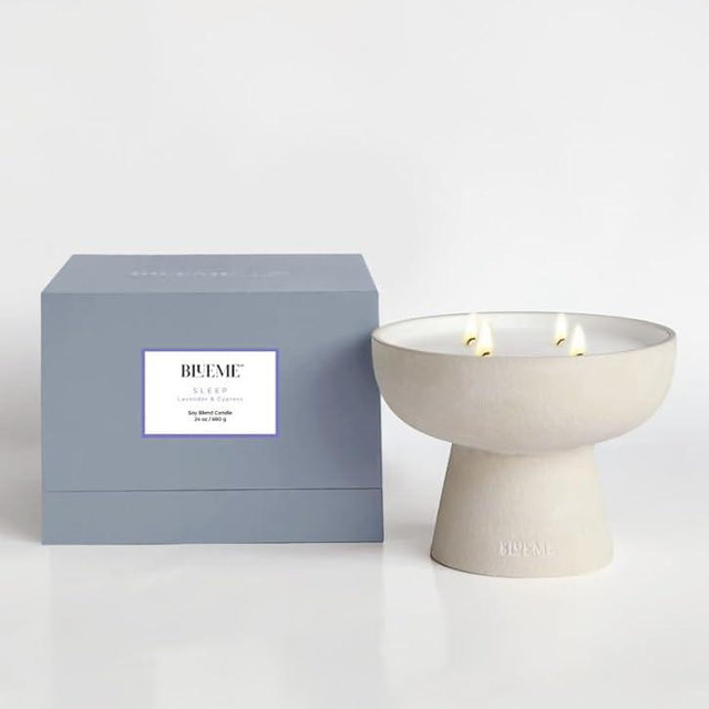 Blueme Sleep Candle | Lavender & Cypress | 4 Wick - Refillable Wellness Candle with Essential Oils, Hand Finished & Poured Soy Wax Blend Ceramic Vessel, Natural Cotton Wicks | Large 24 oz