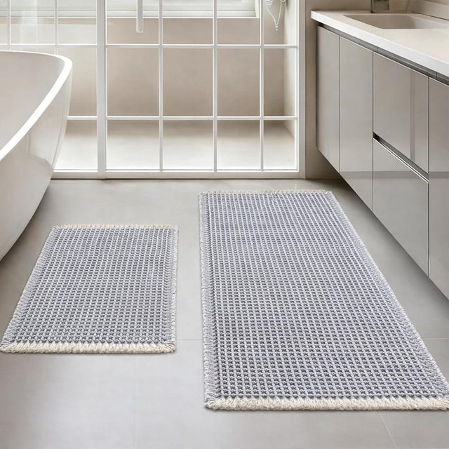 Dekafri Waffle Bath Mat Set of 2, Non Slip Waffle Rugs for Bathroom, Super Absorbent & Quick Dry Soft Shower Mat for Bathroom & Kitchen Floor, Machine Washable Bath Rugs (Grey & White)