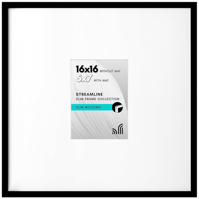 Americanflat 16x16 Picture Frame with Polished Plexiglass - Use as 5x7 Frame with Mat or Display 16x16 Photo Without Mat - Streamline Collection - Thin Border Square Frames for Wall Display - Black