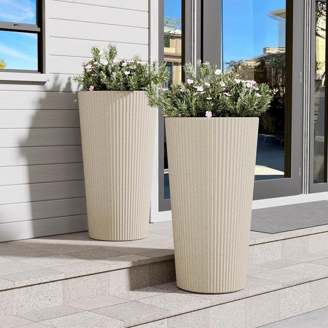 FONTOI 23.6" Tall Planter for Outdoor Plants Set of 2 Large Outdoor Plastic Striped Flower Pots, Front Porch Furniture, Garden Pots, Decorative Planters for Indoor/Outdoor, Patio, Balcony, Beige