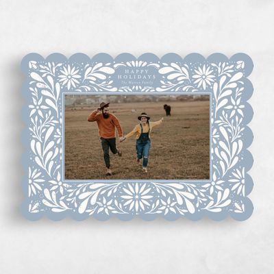Blue Scalloped Holiday Card - Garland Landscape