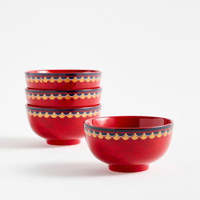 Lunar New Year Stoneware Rice Bowls, Set of 4 - Red Multi