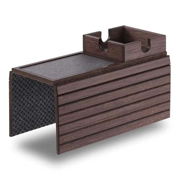 Detor Couch Cup Holder Tray with Super Anti-Slip Pad, Large 4.5" x 4.5" Organizer, Brown-Stained Bamboo Finish, Enhanced Non-Slip Felt Base, Durable Bamboo Slats, Fits Armrests 5.5" and Wider