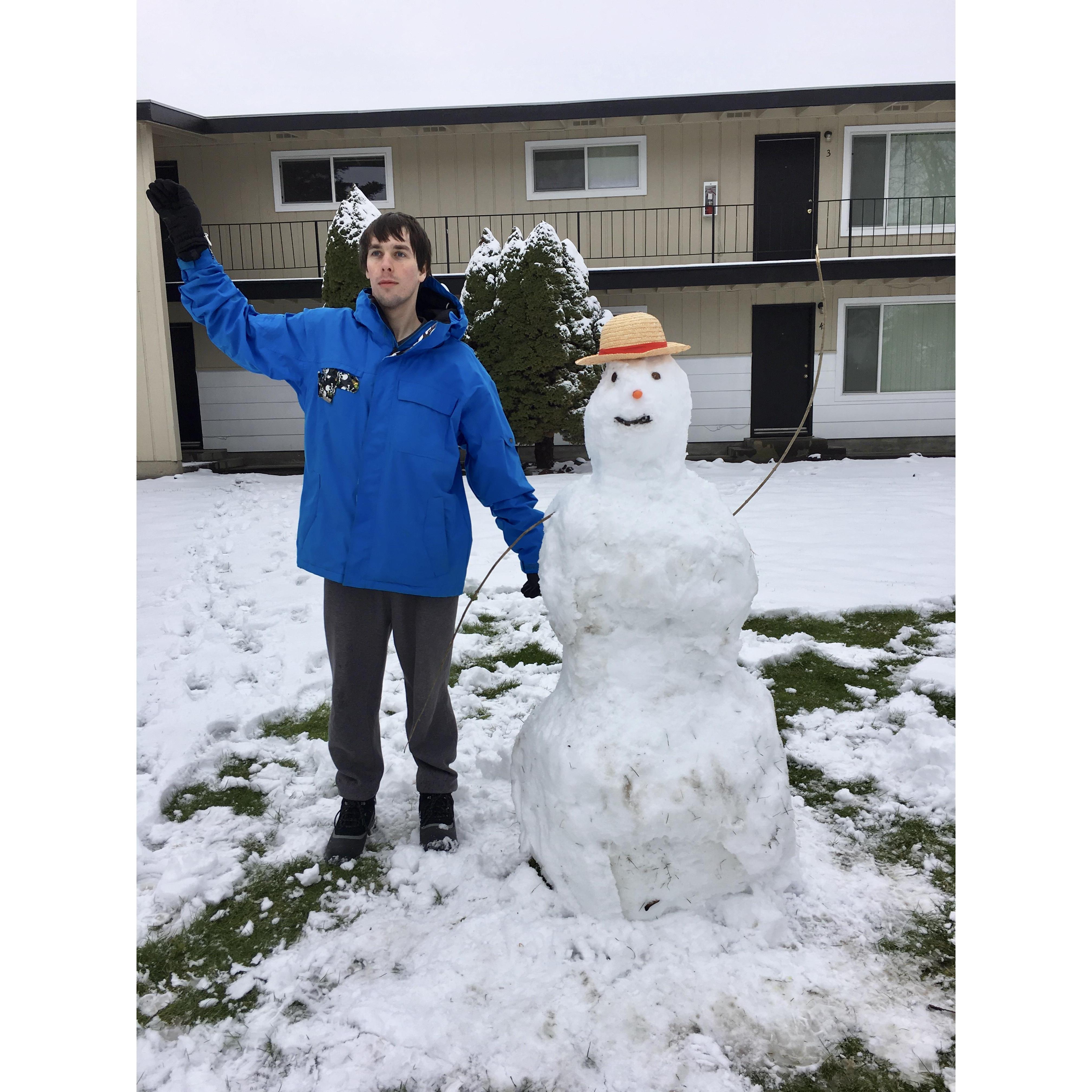 College snow day with Argus the snowman