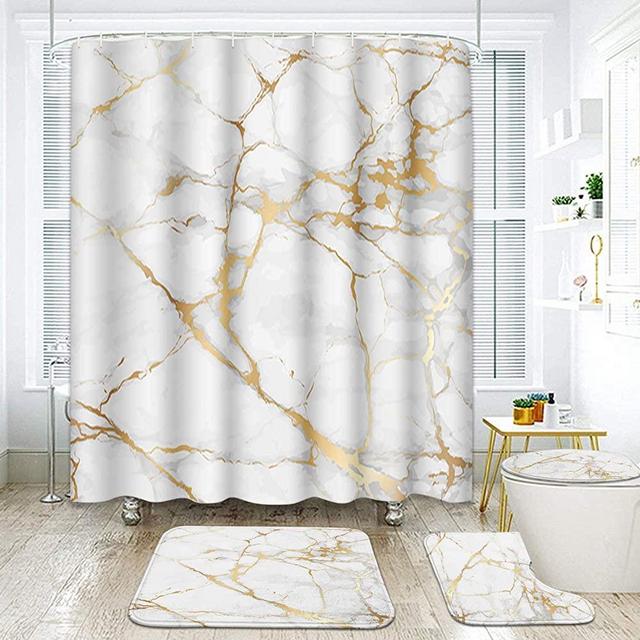 ArtSocket 4 Pcs Shower Curtain Set Marble Gold White Black Geometric Rose Stone Abstract Modern Vintage White Golden with Non-Slip Rugs Toilet Lid Cover and Bath Mat Bathroom Decor Set 72" x 72"
