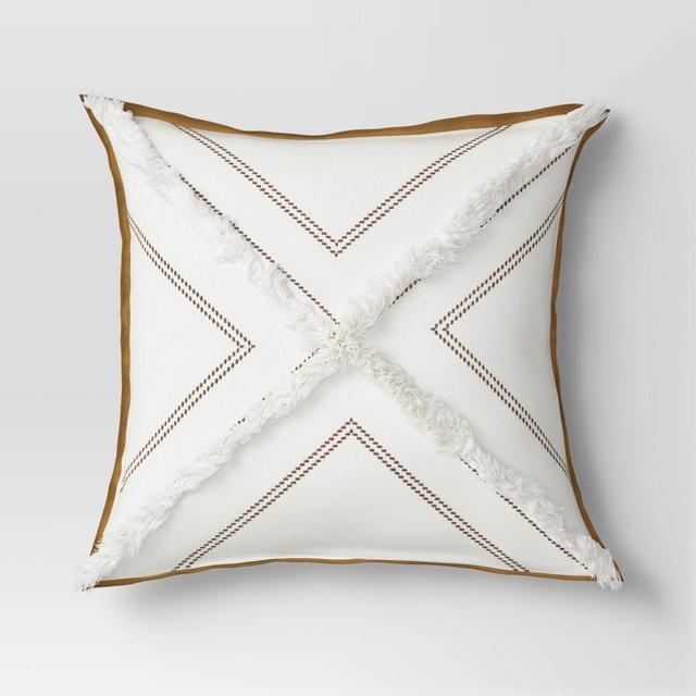 Square Embroidered Pillow with Faux Leather Trim Cream - Threshold™