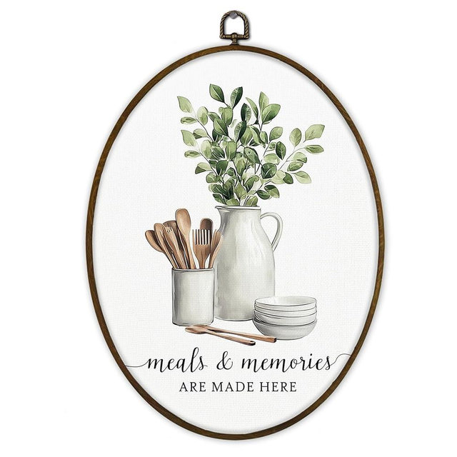 Gnmduw Eucalyptus Leaves Leaf Oval Wall Art Framed, Sage Green Cooking Canvas Prints Hanging Decor, Meals and Memories Are Made Here Wall Decor for Kitchen Home, Chef Gifts for Women Men, 8.7x11.3in