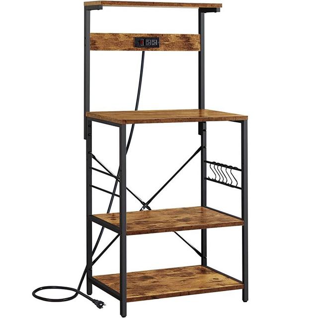 SUPERJARE Kitchen Bakers Rack with Power Outlet, Coffee Bar Table 4 Tiers, Kitchen Microwave Stand with 6 S-shaped Hooks, Kitchen Storage Shelf Rack for Spices, Pots and Pans - Rustic Brown