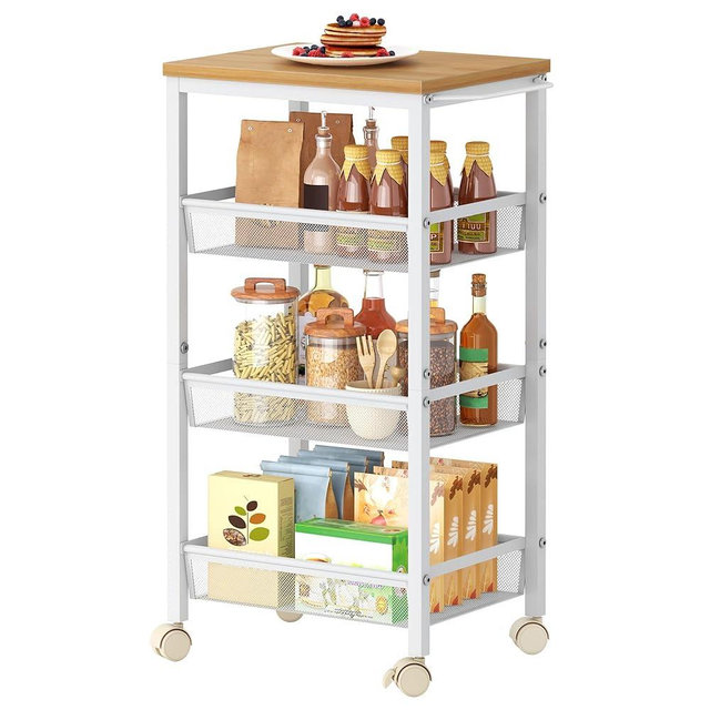 Hoctieon Rolling Storage Cart, 4-Tier Wide Panel Rolling Kitchen Storage Cart, Utility Cart with Handle & Wheels, Mobile Shelving Unit, Metal Frame Narrow Cart for Home Kitchen, Laundry, Oak Beige
