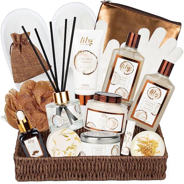 Coconut Vanilla Spa Bath Gift Set for Women, Luxury Bath and Body Gift Basket For Women and Men, 17pcs Spa Gift Baskets Set for Women Luxury Bath and Body Gift Basket For Women and Men Spa Kit with Shower Steamer, Bath Bomb Basket Set for Men Holiday Christmas Thanksgiving Day Birthday Mother Father Day