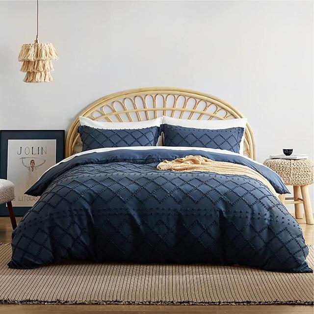 Bedsure Tufted Duvet Cover Set Queen Size, 3 Pieces Embroidery Shabby Chic Comforter Cover Set, Soft and Durable Bedding Set for All Seasons, Navy Blue