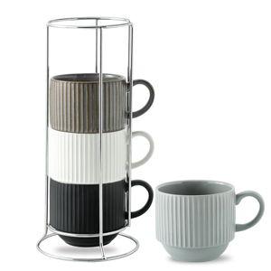 Hasense Large Coffee Mug Set of 4 with Rack - 15 oz Stacking Ceramic Ribbed Latte Cups Set for Cappuccino, Tea, Hot Cocoa, Drinks - Dishwasher & Microwave Safe Assorted Colors
