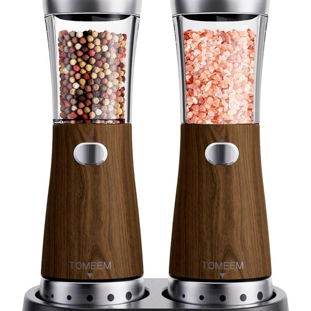 Electric Salt and Pepper Grinder Set, Large 4.5oz Capacity, Stainless Steel & Wood Design with Adjustable Coarseness and LED Light, USB Rechargeable, Salt and Pepper Grinder Set Includes Base Holder