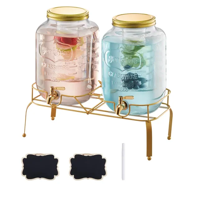 VEVOR Beverage Dispenser, 2 Pack 2 Gallon Drink Dispensers for Parties, Glass Juice Dispenser with Metal Stand, Stainless Steel Spigot, Infuser,Clear