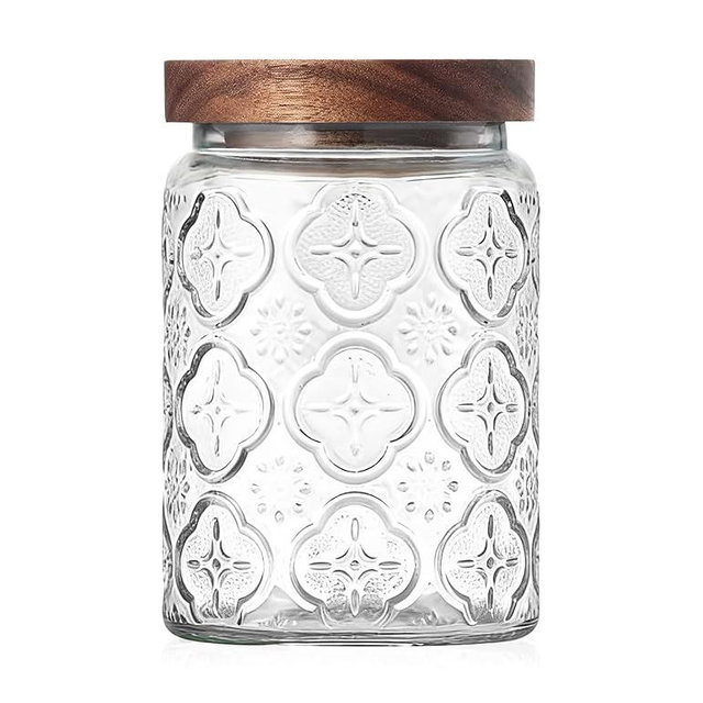 PENGSHU Vintage Glass Jar with Wood Lid - Christmas Airtight Canisters for Kitchen Countertop Bathroom, Storage Candy, Cookie, Coffee, Apothecary, Sugar, Flour,Pet Treat (Begonia, 24oz/700ml)