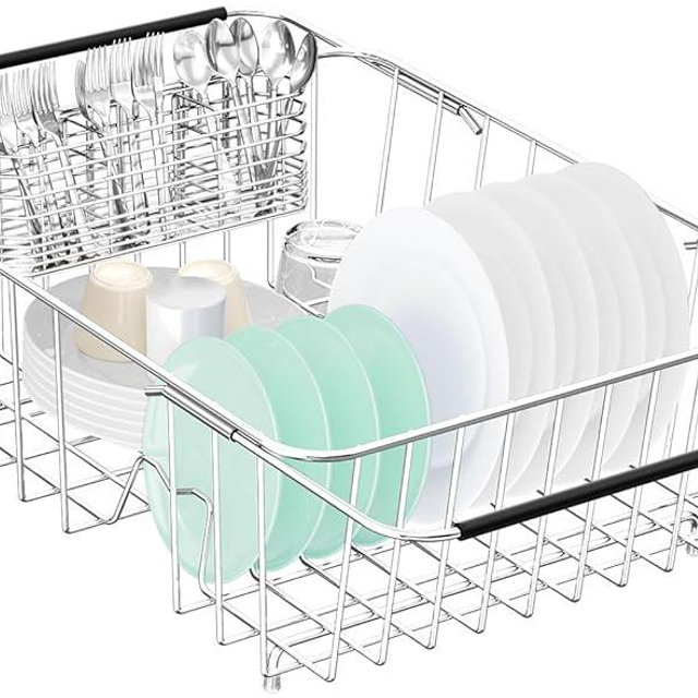 Fanbsy Large Dish Drainer Rack in Sink Adjustable, Expandable 304 Stainless Steel Metal Dish Drying Rack Organizer with Stainless Steel Utensil Holder Over Inside Sink Counter, Rustproof