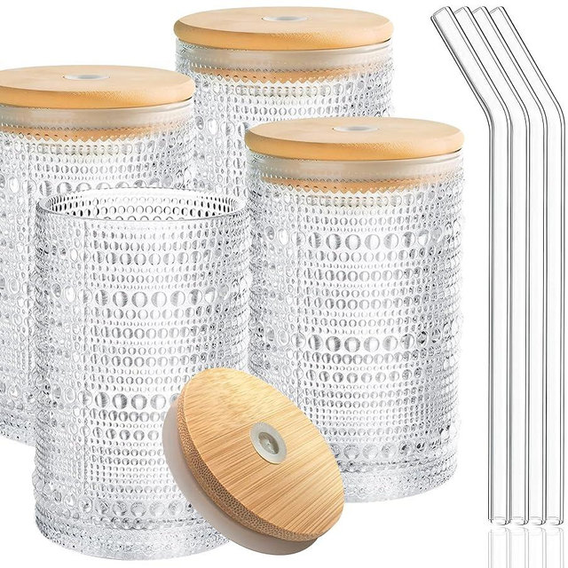 Hobnail Drinking Glasses with Bamboo Lids and Glass Straw 4Pcs Set - 14oz Vintage Glass Cups, Water Glasses, Iced Coffee Glasses, Cute Tumbler Cup, Ideal for Cocktail, Whiskey, Gift - Cleaning Brushes