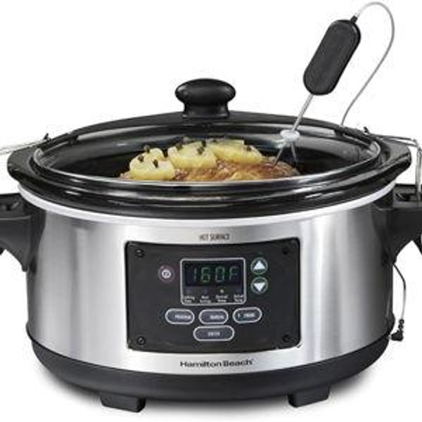 Hamilton Beach Portable 6 Quart Set & Forget Digital Programmable Slow Cooker with Lid Lock, Temperature Probe, Dishwasher Safe Crock & Lid, Stainless Steel (33969A)