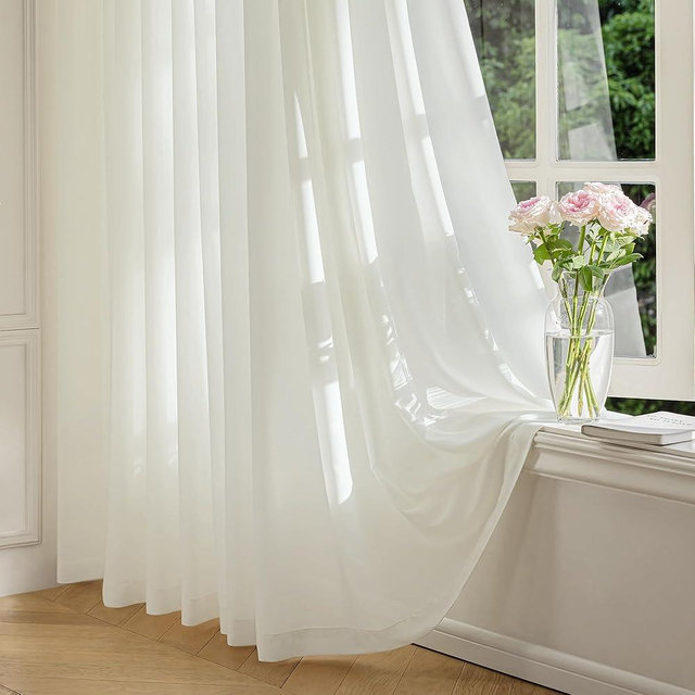 FMFUNCTEX Sheer Non-See-Through Netural Beige Curtains for Bedroom, Faux Silk That Let Light Curtains 84 inches Long Light Filtering Privacy Sheer Drapes for Living Room, Rod Pocket 2 Panels Set