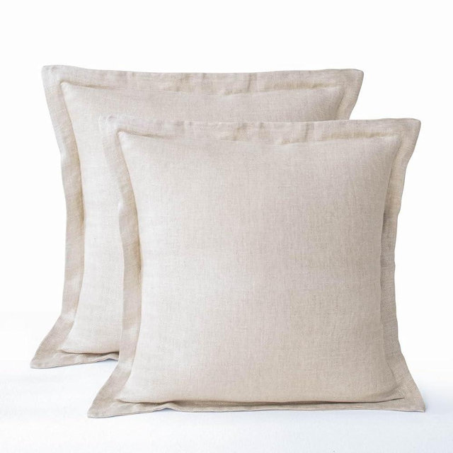 meadow park Stone Washed French Linen European Pillow Shams, Set of 2 Pieces, 26 inches x 26 inches Square Euro Sham, Super Soft, 1.5 inches Flange, Natural Herringbone