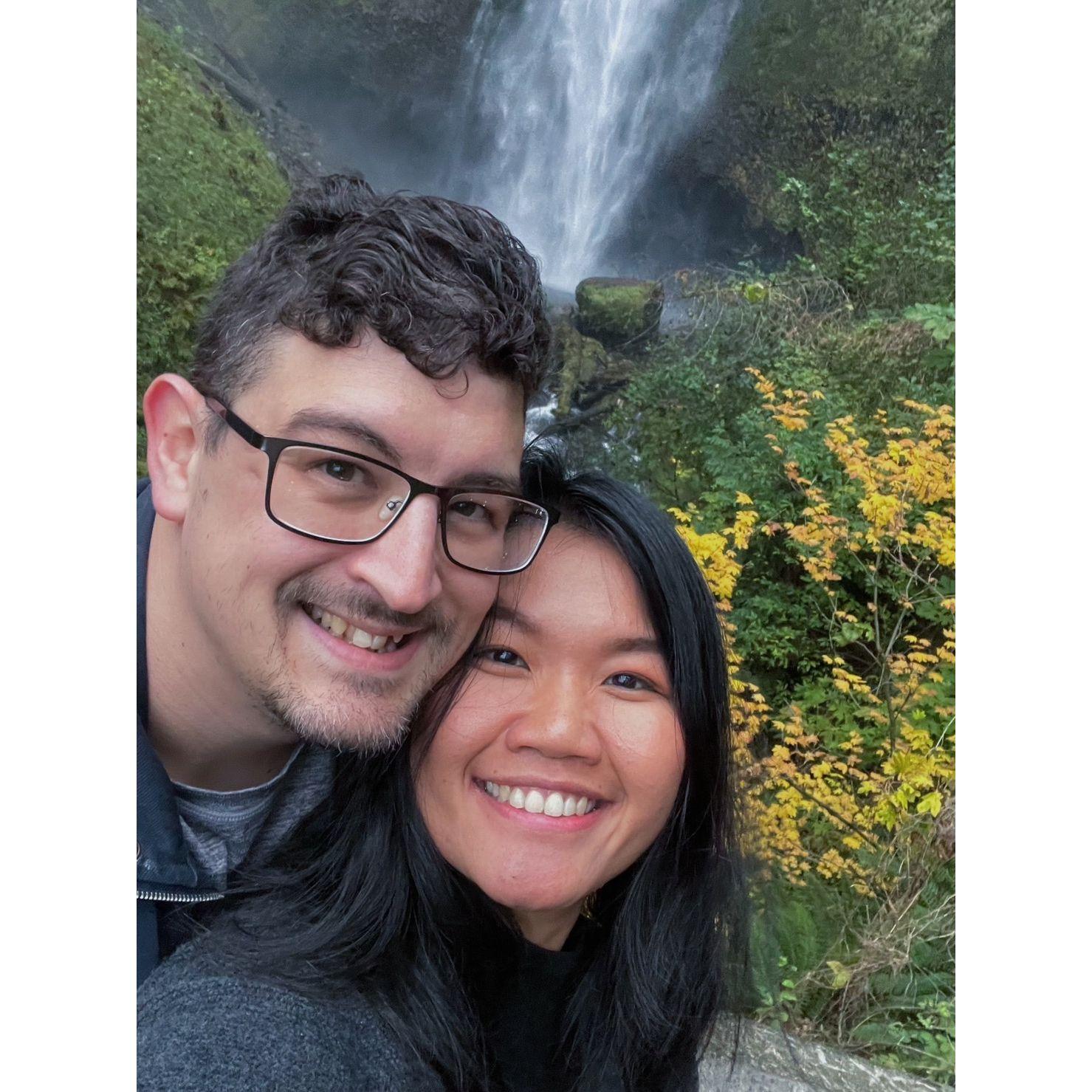 Our first selfies after Aaron proposed to Malisa at the Multnomah Falls.