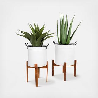 Distressed 2-Piece Planter Set on Wood Stand