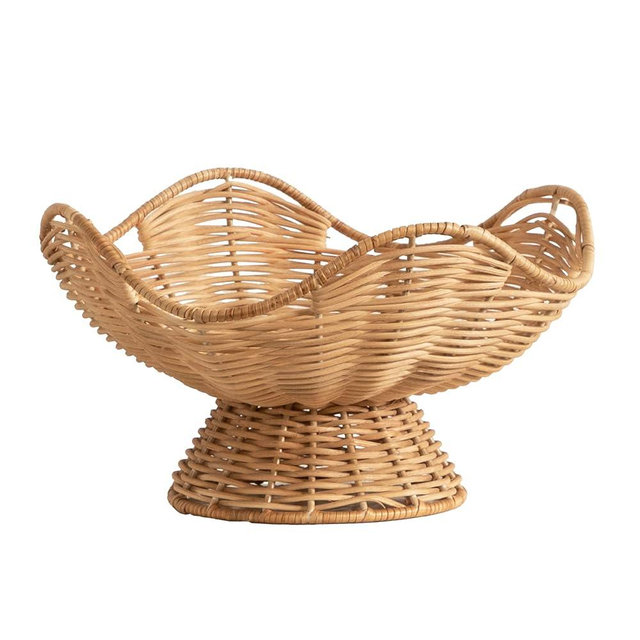 Kate and Laurel Wylla Round Wavy Rattan Pedestal Bowl, 11 Inch Diameter, Natural Rattan, Modern Woven Scalloped Fruit Bowl for Kitchen Counter or Use as Living Room or Entryway Table Decor