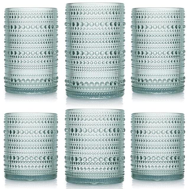 Foaincore Hobnail Drinking Glasses Set Vintage Glassware Old Fashioned Beverage Glasses Highball Bubble Cocktail 14 Oz, Rocks Glass Cup 11 Oz Water Elegant Glassware (Soft Green,6 Count)