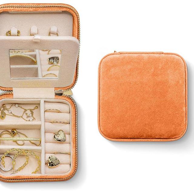 Benevolence LA LA Plush Velvet Travel Jewelry Box Organizer | Travel Jewelry Case, Jewelry Travel Organizer | Small Jewelry Box for Women, Jewelry Travel Case | Earring Organizer with Mirror - Orange