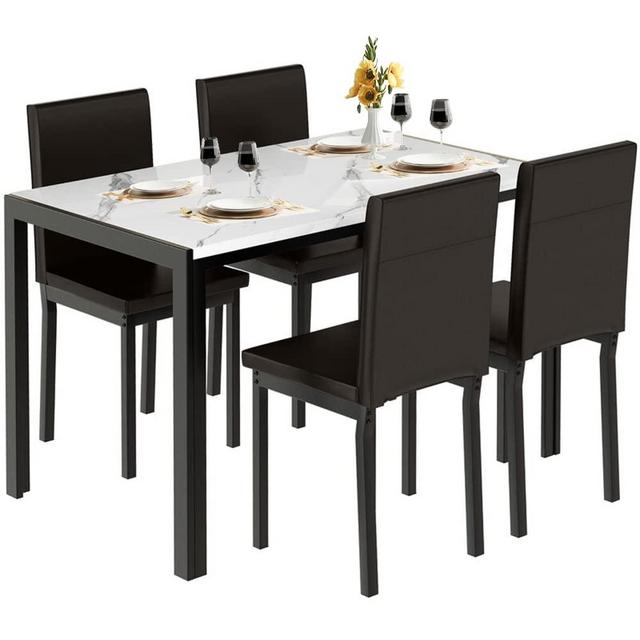 MOOSENG 5 Pieces Dining Table Set for 4 People with Faux Marble Desk and 4 Leather Chairs, Compact Design for Kitchen, Breakfast Nook, Restaurant, White (New)