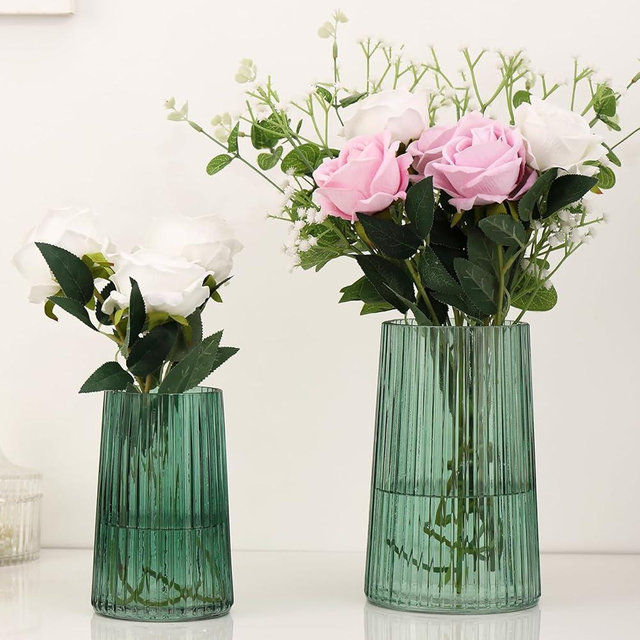 MARTAGE Ribbed Flower Vases Set of 2, Green Vases for Flowers, Flower Vase for Bouquet, Modern Ribbed Glass Vase for Living Room, Bedroom, Dining Table, Office, Wedding, Centerpieces