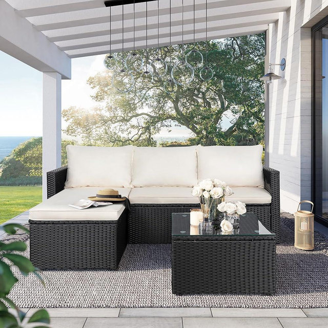 SUNLEI Patio Furniture Set with Detachable Soft Cushions, All Weather Outdoor PE Rattan Patio Conversation Sofa Set, 3-Piece Patio Sectional Sofa with Glass Coffee Table & Ottoman, Black Rattan/White