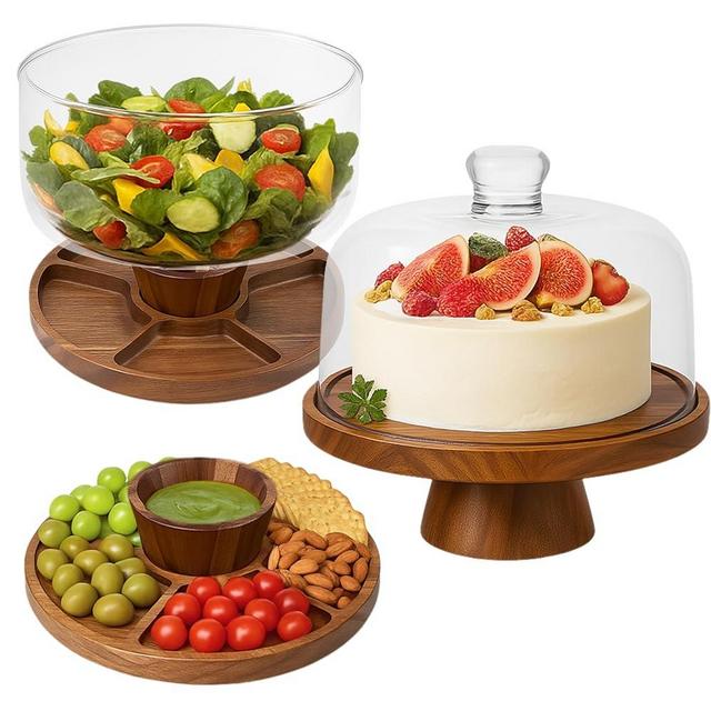 YARRD 2 in 1 Wooden Cake Stand Charcuterie Board – Homesphere Wood Cake Set with Lid and Acrylic Dome Covered Stand with Reversible Plate Dessert Set with Lid for Display & Serving