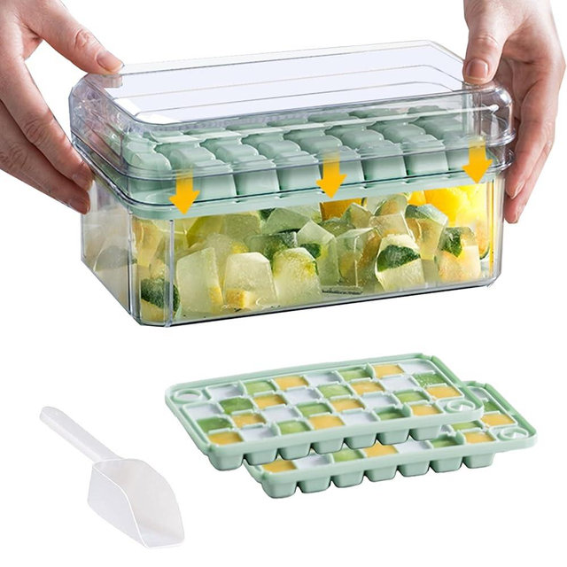 NFGBF Ice Cube Tray with Lid and Bin,2 Pack Mini Ice Cube Trays for Freezer,60 Pcs Ice Cube Tray, Ice Tray Mold with Ice Scoop for Chilling Coffee, Drinks (Clear&Green)