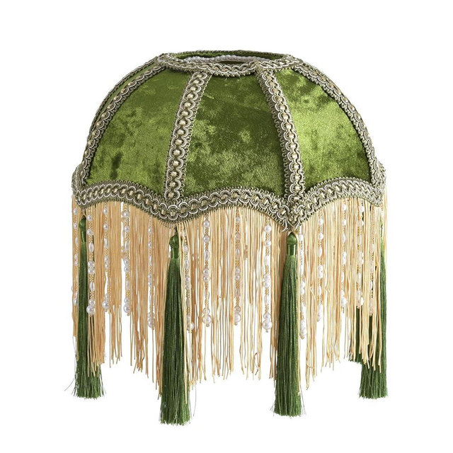 Lampshade with tassels, Victorian lampshade, golden 25cm velvet top replacement lamp, bell-shaped scallop lampshade (olive green)